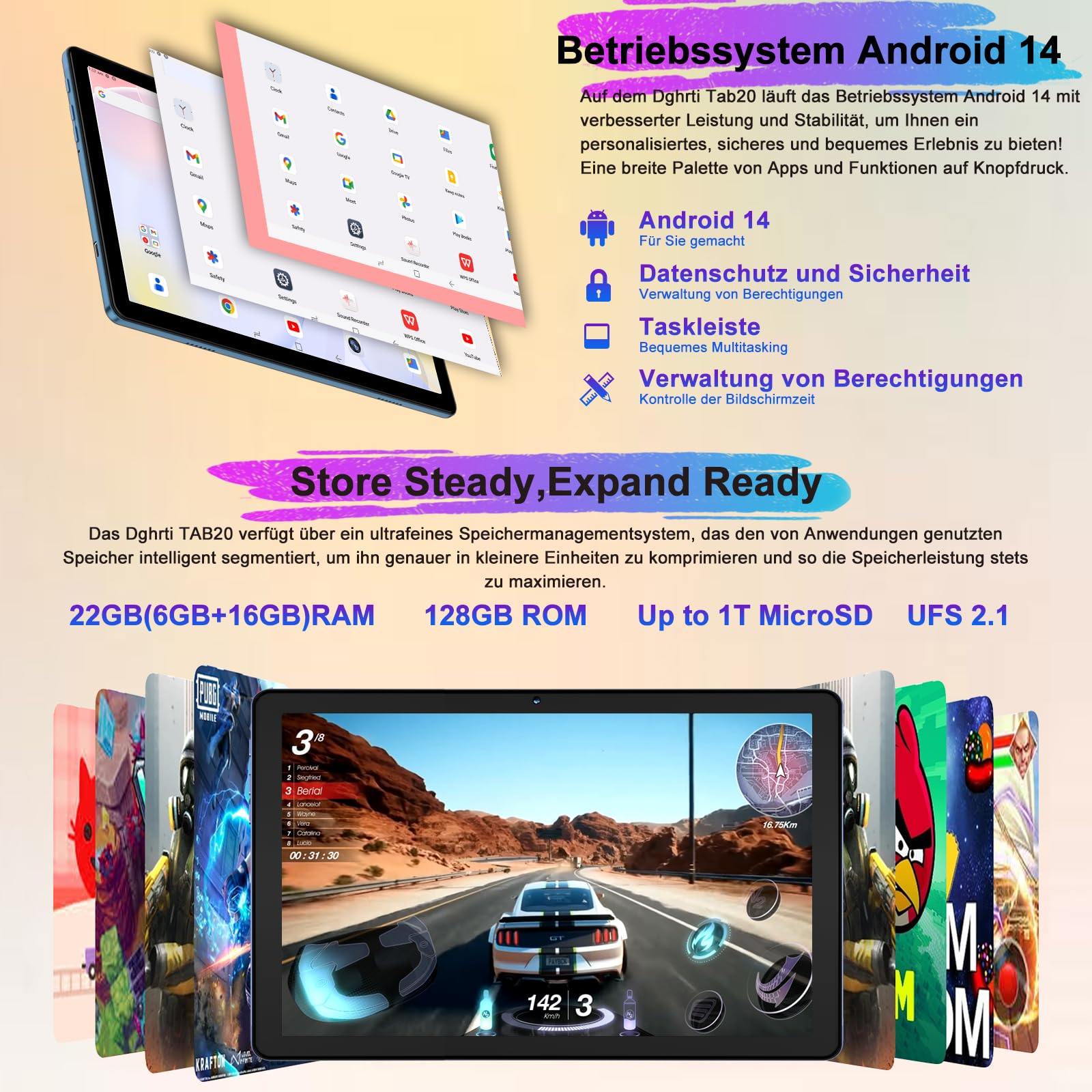 Dghrti Tablet 10 Inch Android 14, 22GB RAM + 128GB ROM/TF 1TB